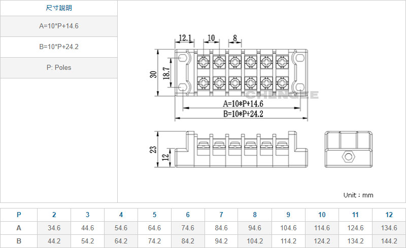 10A 連結式電木端子台尺寸圖