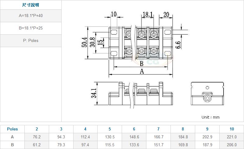 60A 連結式電木端子台尺寸圖