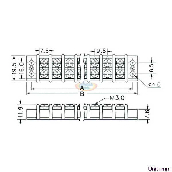 CB4-10A Double Row Terminal Blocks, 9.5mm pitch, 10A 300VAC