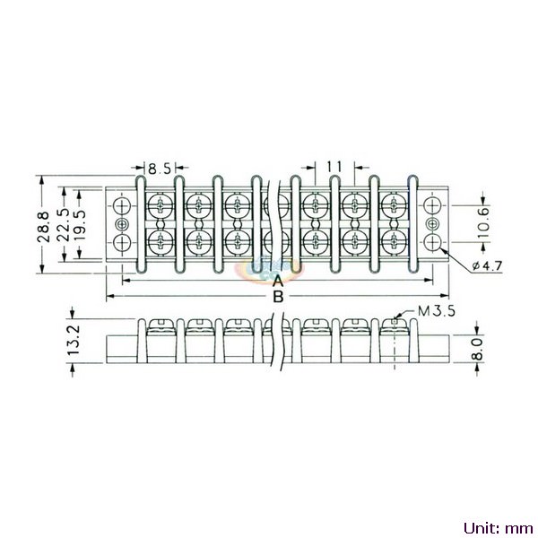 Double Row Terminal Blocks, 11mm pitch, 20A 300VAC