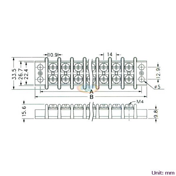 Double Row Terminal Blocks, 14mm pitch, 30A 300VAC