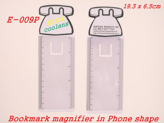 	Wonderful bookmark in Telephone shape with magnifier and ruler scale for daily usage. The white block is reserved for client’s logo printing.