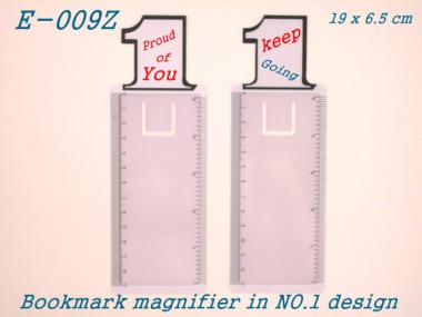 Wonderful bookmark in No.1 shape with magnifier and ruler scale for daily usage. The white block is reserved for client’s logo printing. 