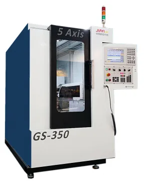 天車式5軸CNC高速雕銑機-GS-350,4-5軸搖擺盤設計, 緊湊型天車式設計,與競爭者相同加工尺寸相比, 佔地空間更小, 可發揮最大坪效! 適用PE, PC, ABS, 代木等工程塑膠及銅鋁等輕金屬加工!